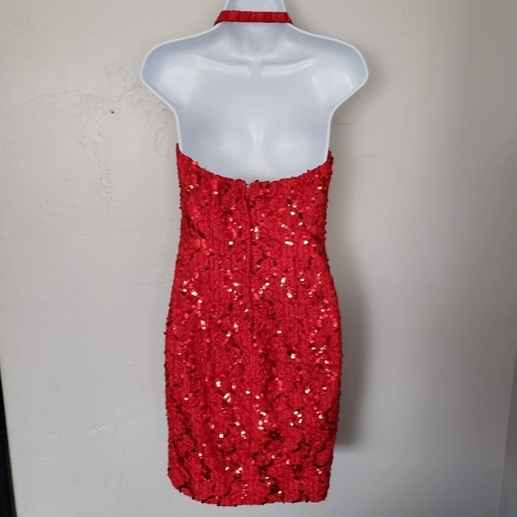 Bari-Jay Vintage Women's Red Sequin Halter Top Mini Dress Scallop Formal Fancy - Picture 2 of 14